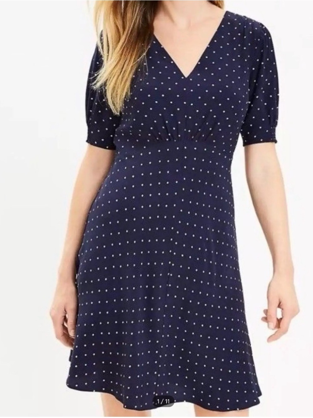 NWT LOFT Navy Midi Dress with White Polka Dots